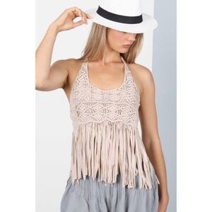 POL Beige Macrame Halter Top with Shredded Fringe